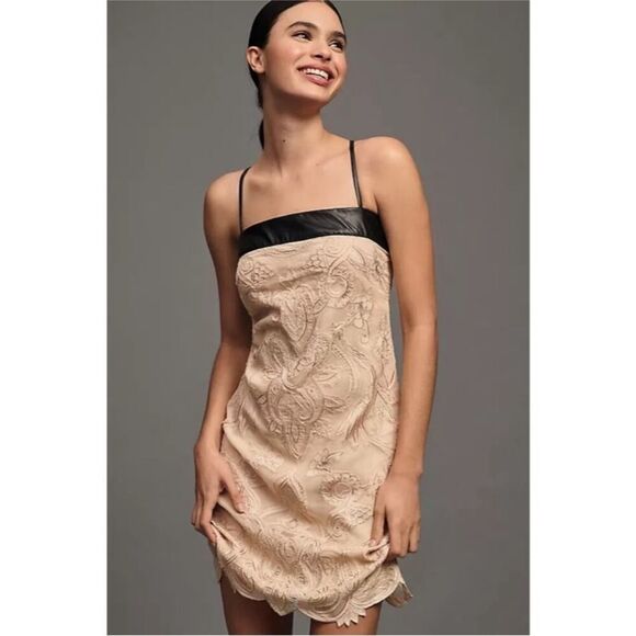 NWT Maeve by Anthropologie beige lace mini dress black leather trim US 12 - Picture 2 of 11
